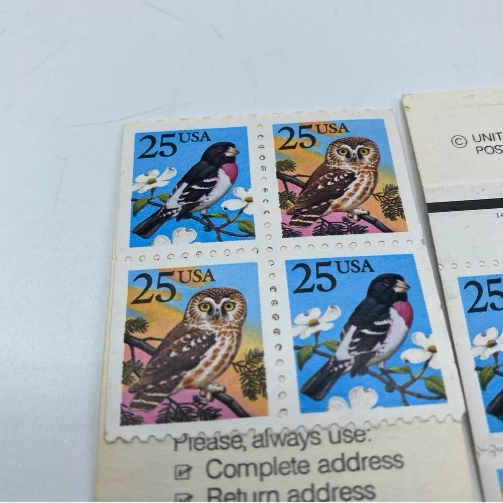 USPS Stamps 25c. Grosbeak & Owl Pair of 8 Birds Postage Vintage Mail 1988